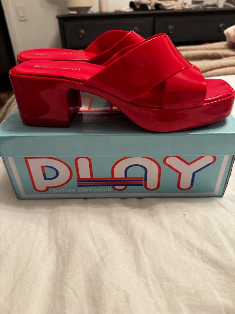 Jeffrey Campbell Red Patent Platform Slide Mules